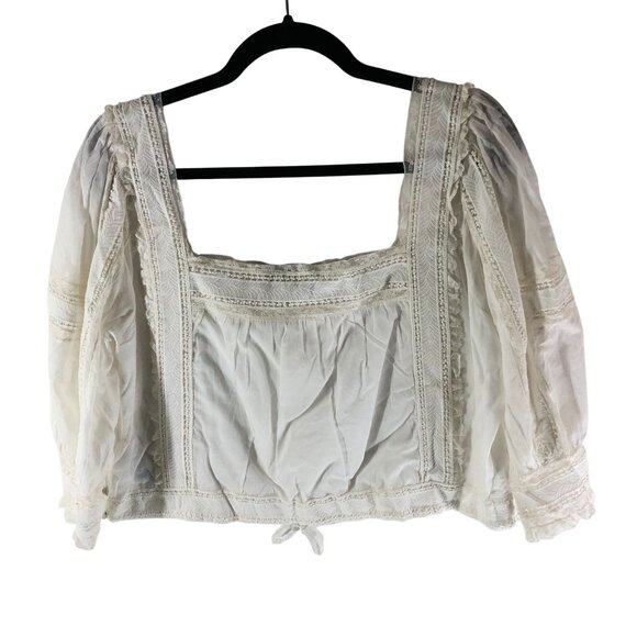 Polo Ralph Lauren White Lace Cotton Voile Blouse Crop Top Cinch Waist 12 - Picture 2 of 4